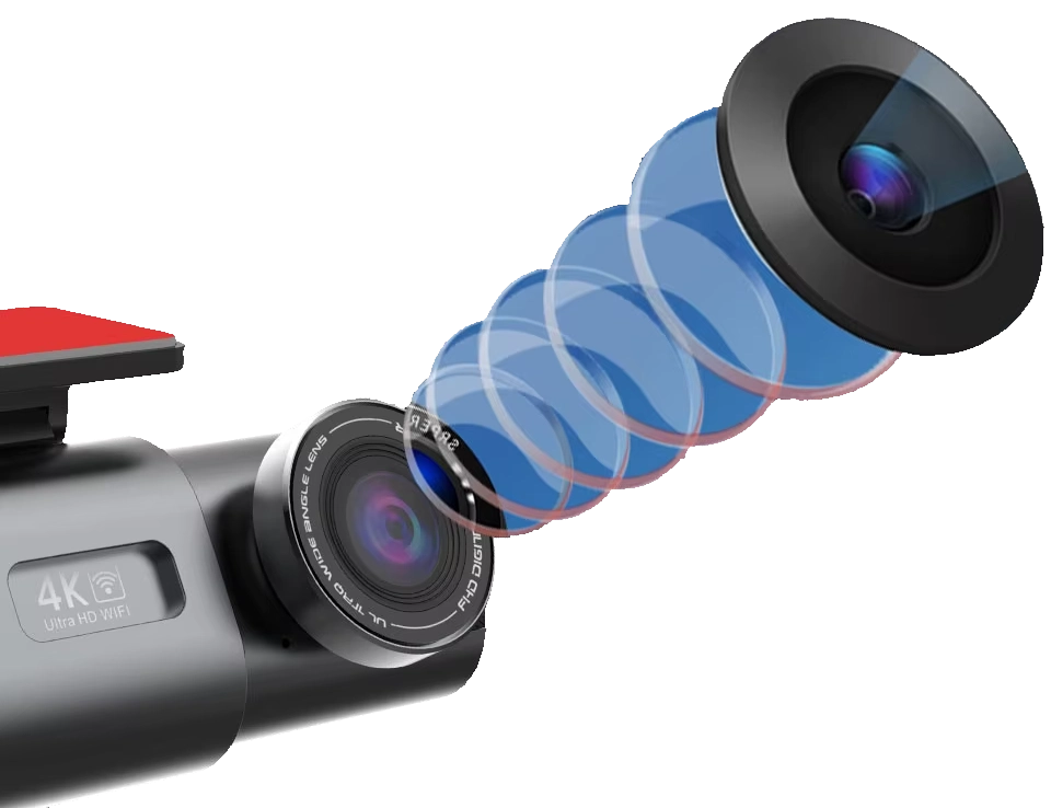 Close-up of a dash cam lens illustrating the optics behind low-light night performance