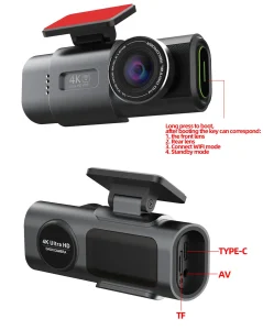 Dashline 4K dash cam diagram labelling the control button, Type-C, AV and microSD ports