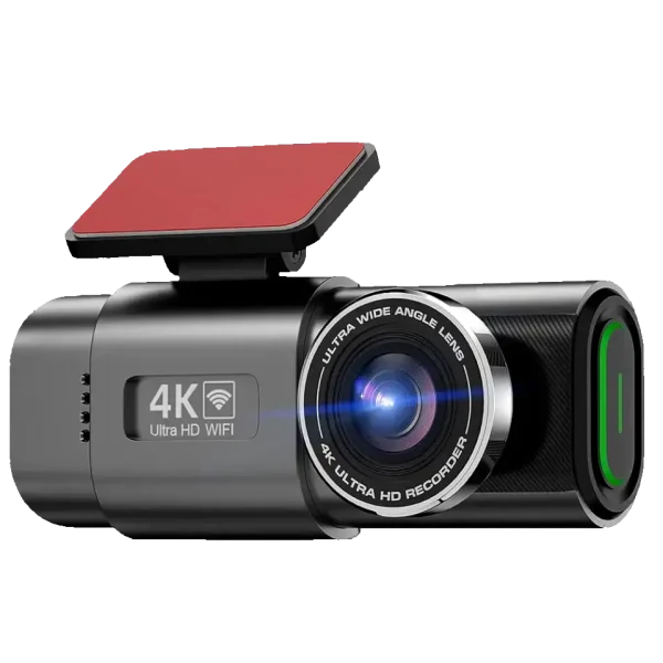 Dashline 4K front dash camera at a three-quarter angle showing the wide-angle lens and 4K Ultra HD WiFi badge