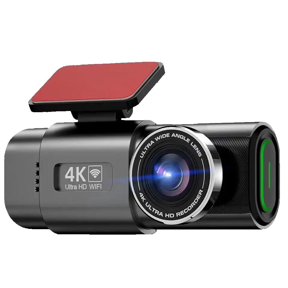 Dashline 4K front dash cam, three-quarter studio view showing the lens and magnetic mount.
