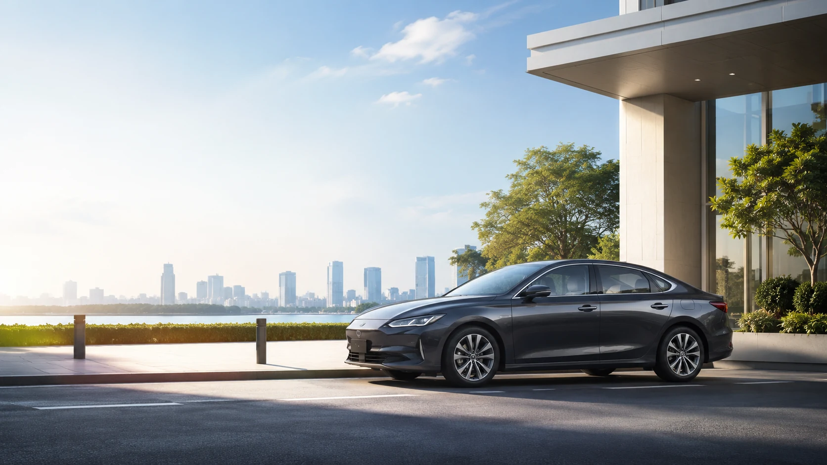 A car parked by the waterfront with a city skyline on a clear day