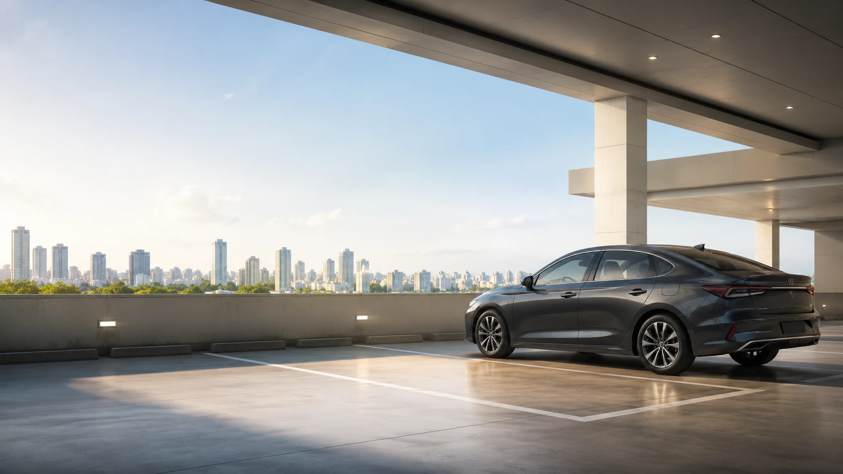 Car parked in a rooftop city car park at dusk