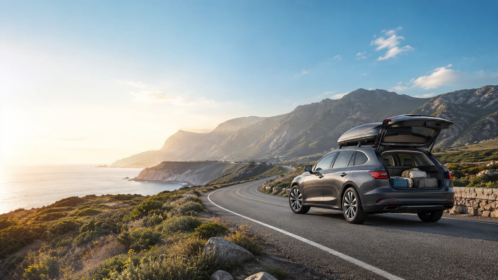 Estate car with open boot on a coastal road at sunset — end of a road trip