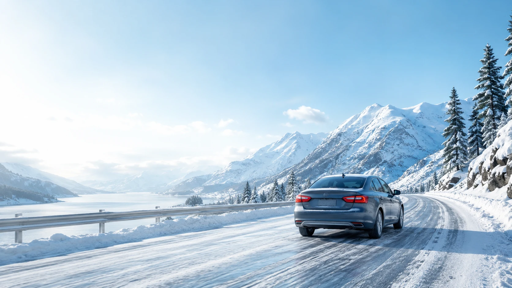 Grey saloon on a snow-covered mountain road in winter sun
