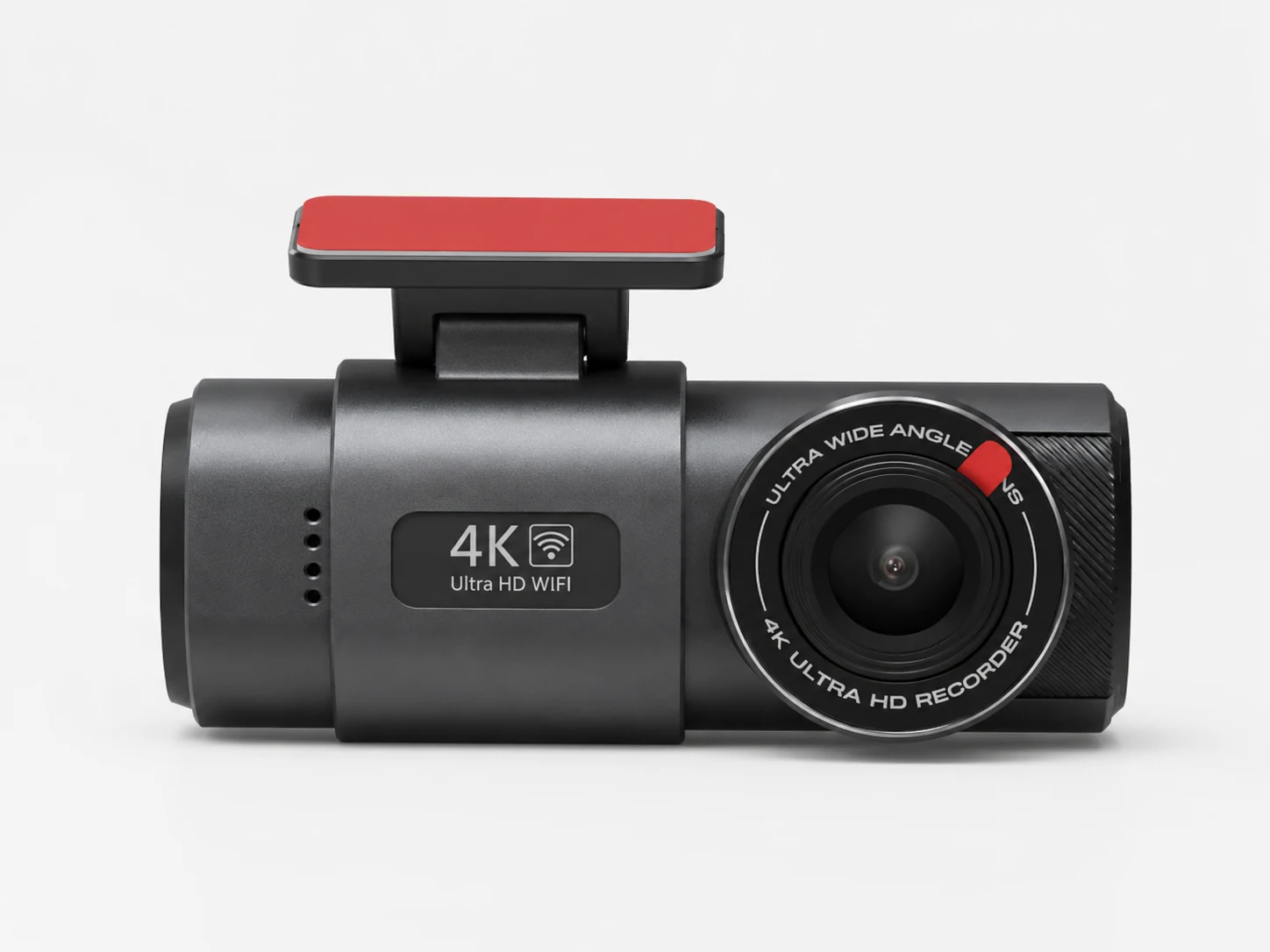 Dashline 4K dash cam, front view with wide-angle lens and red adhesive mount