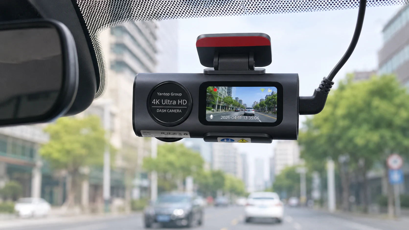 A compact dash cam installed discreetly behind the rear-view mirror, seen from the driver seat
