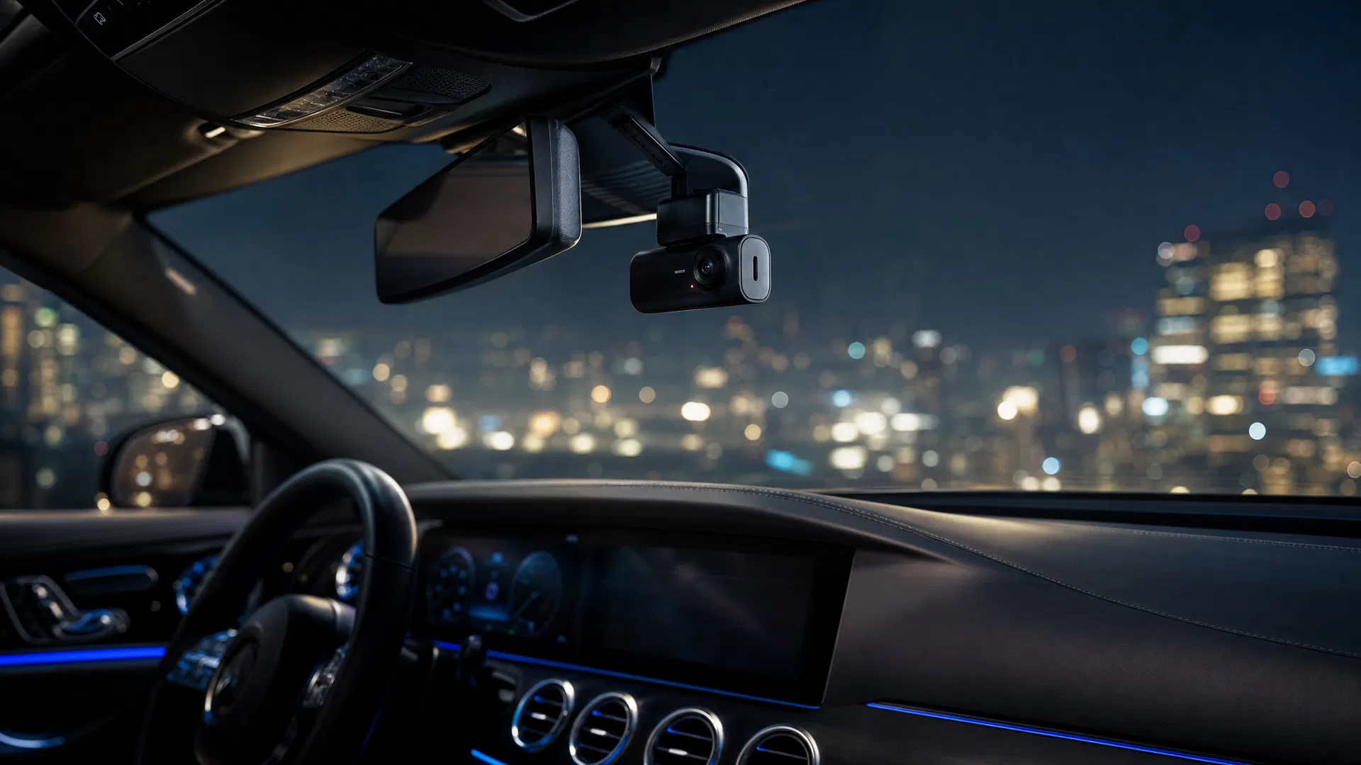 Dash cam mounted in a car cabin at night, city lights through the windscreen