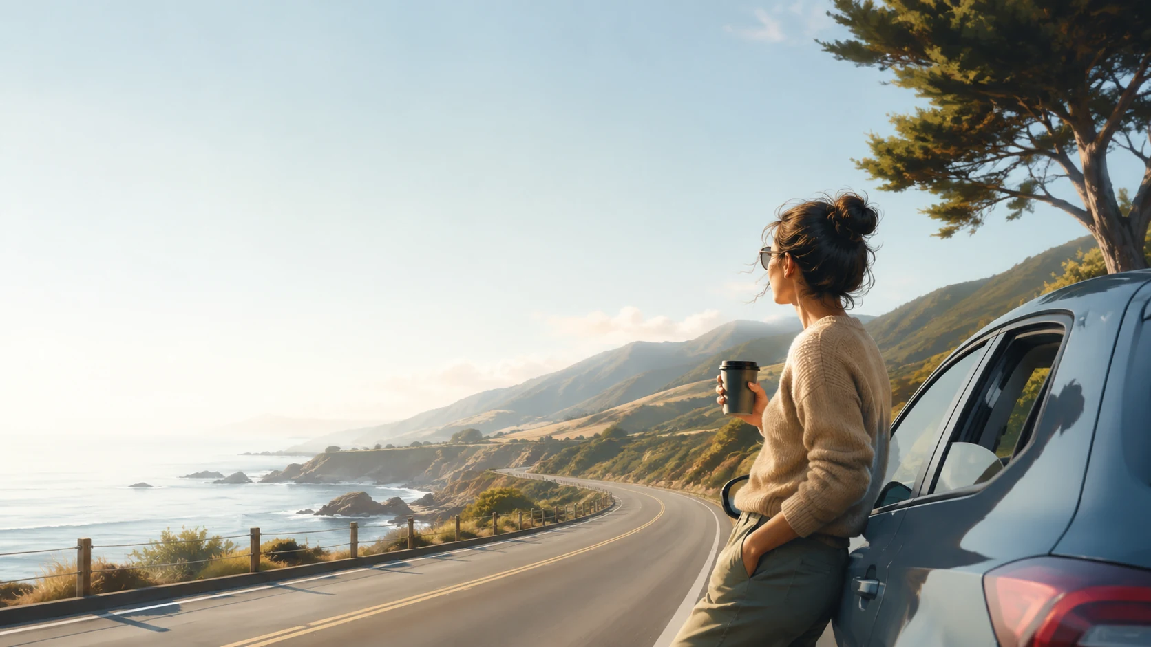 Woman with coffee leaning on her car at a coastal cliff stop — road trip rest moment