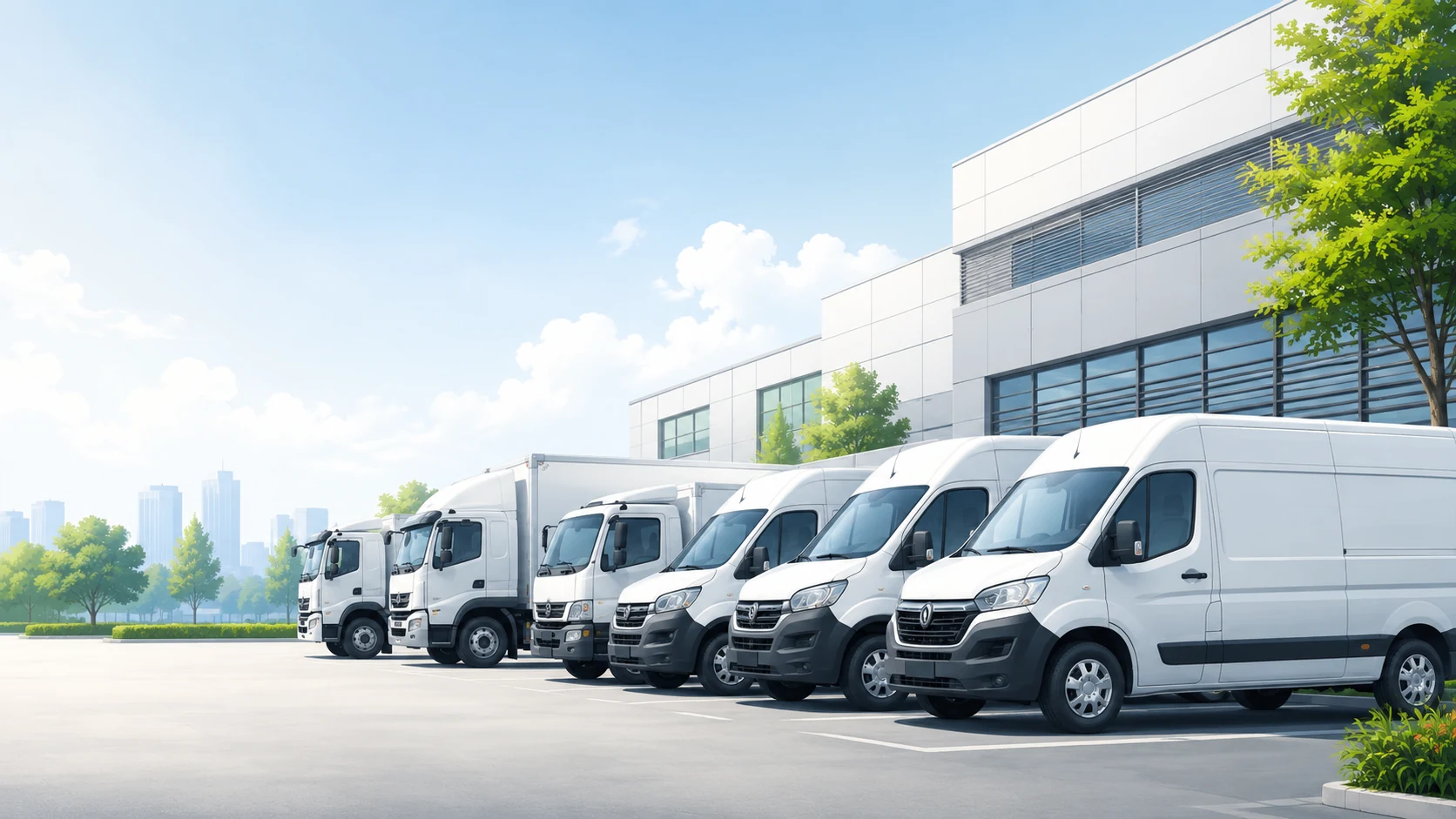 Row of white company vans parked outside a business building in the city