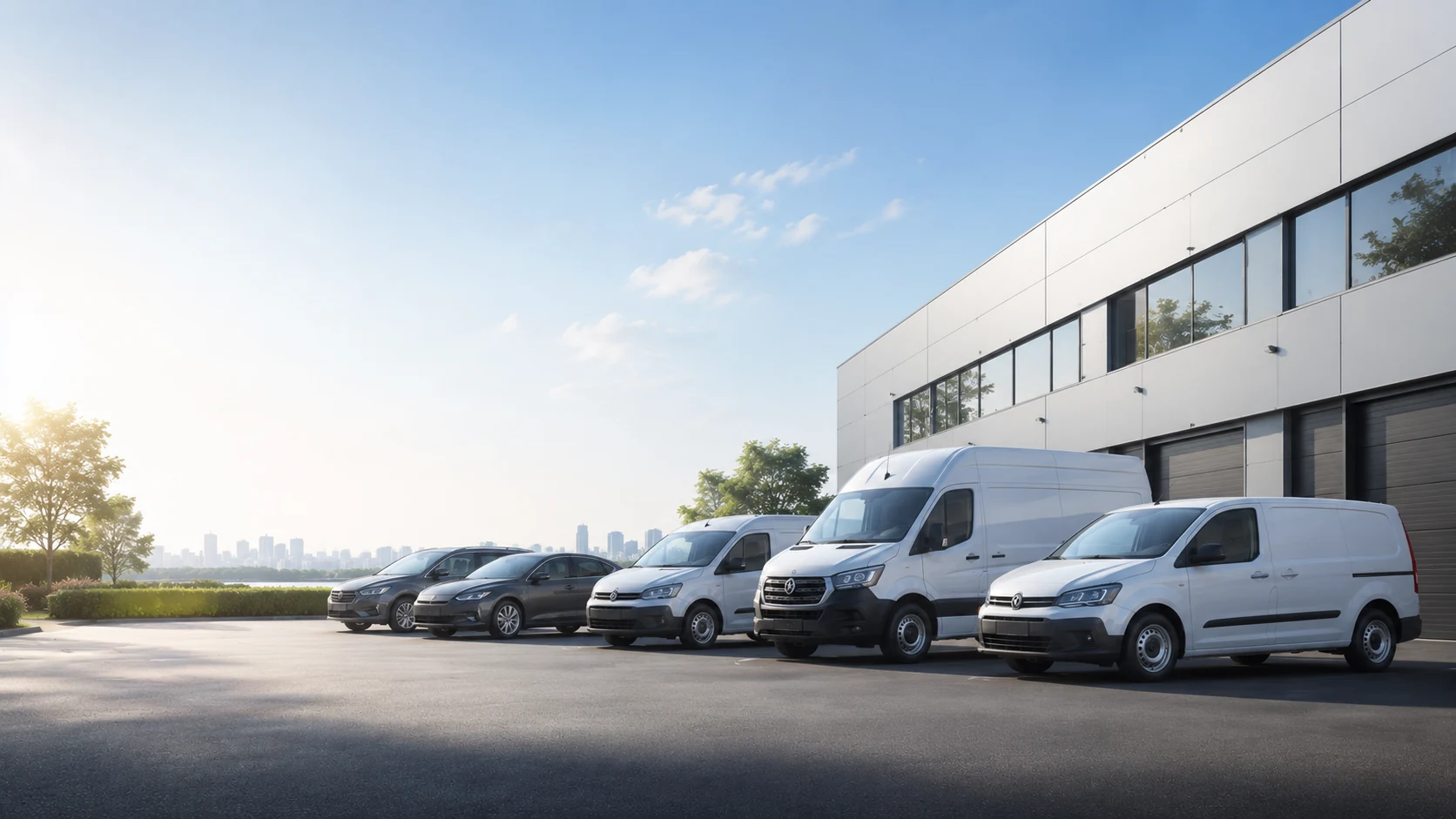 Mixed business fleet of cars and vans parked outside a company building in daylight