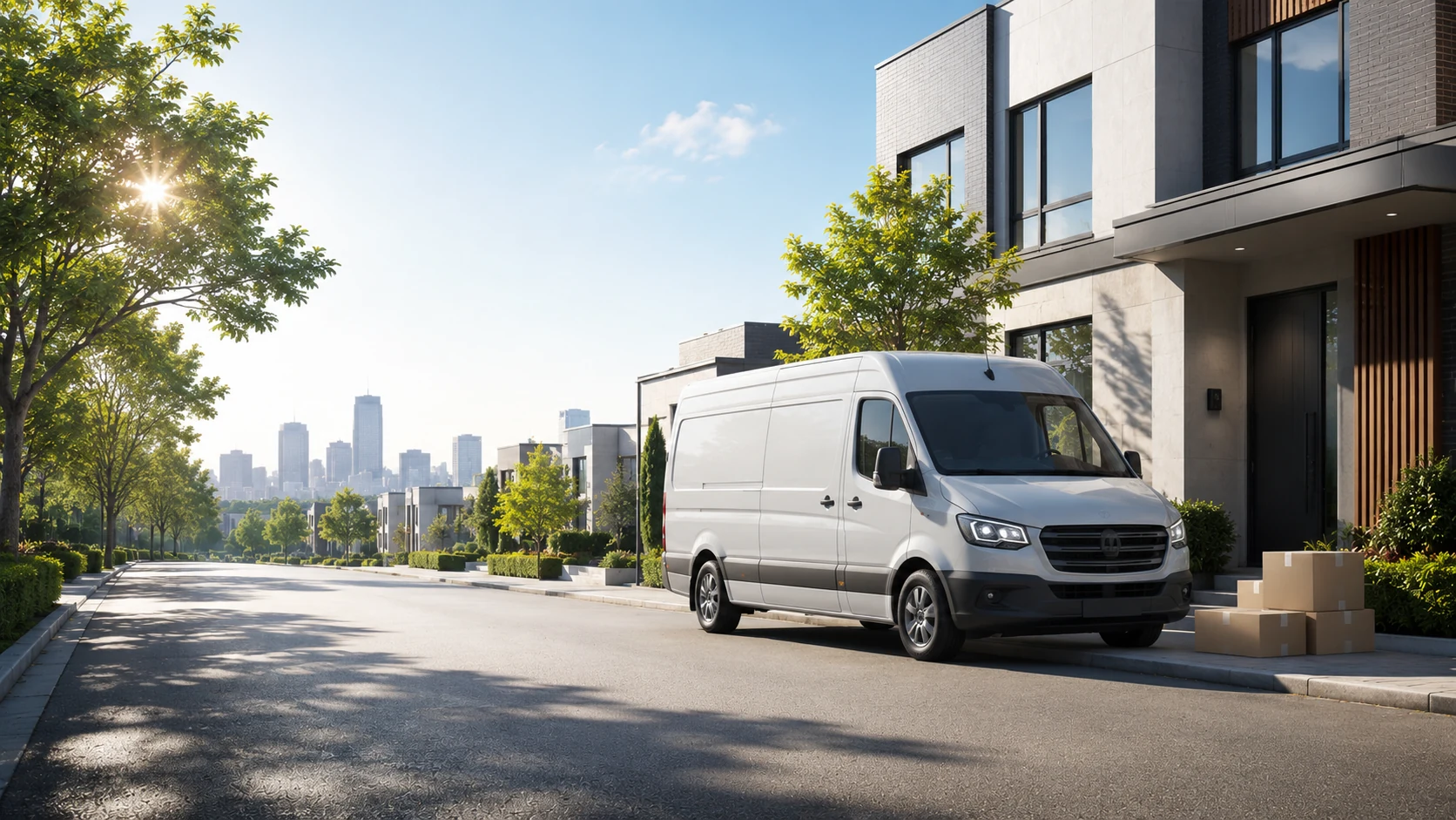 White delivery van on a quiet residential street