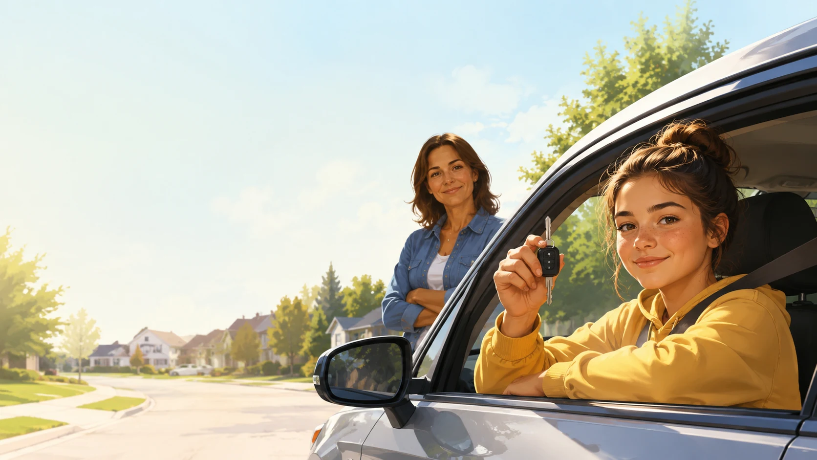 A young new driver holds car keys beside a proud parent on a suburban street