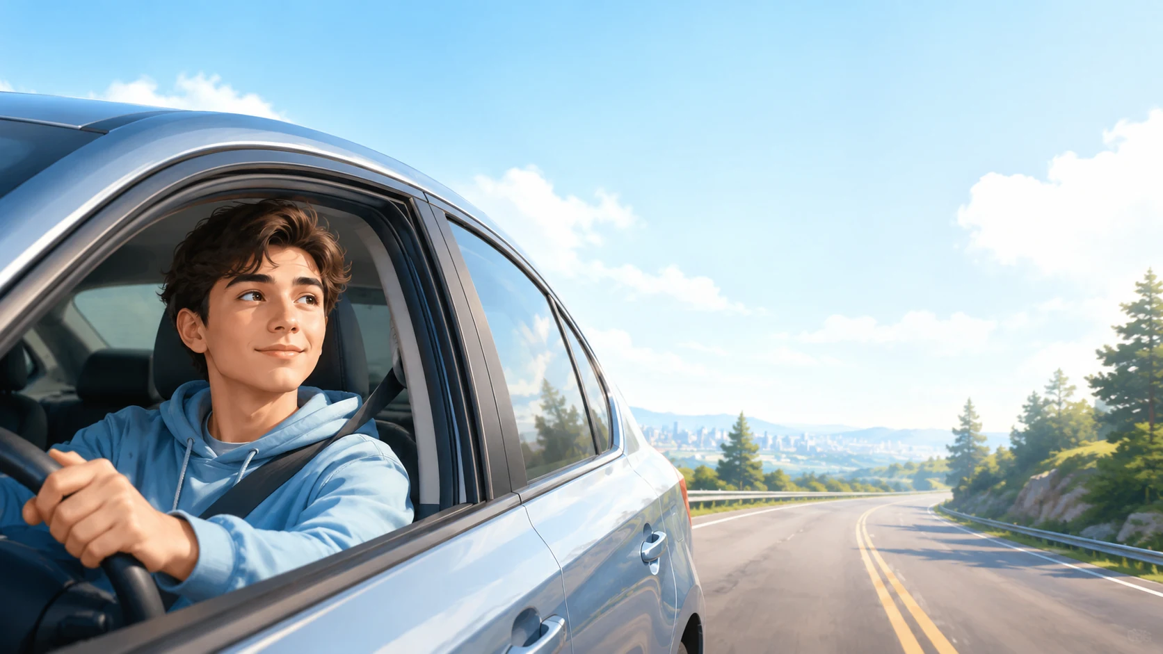 A young driver at the wheel with the window down on an open country road