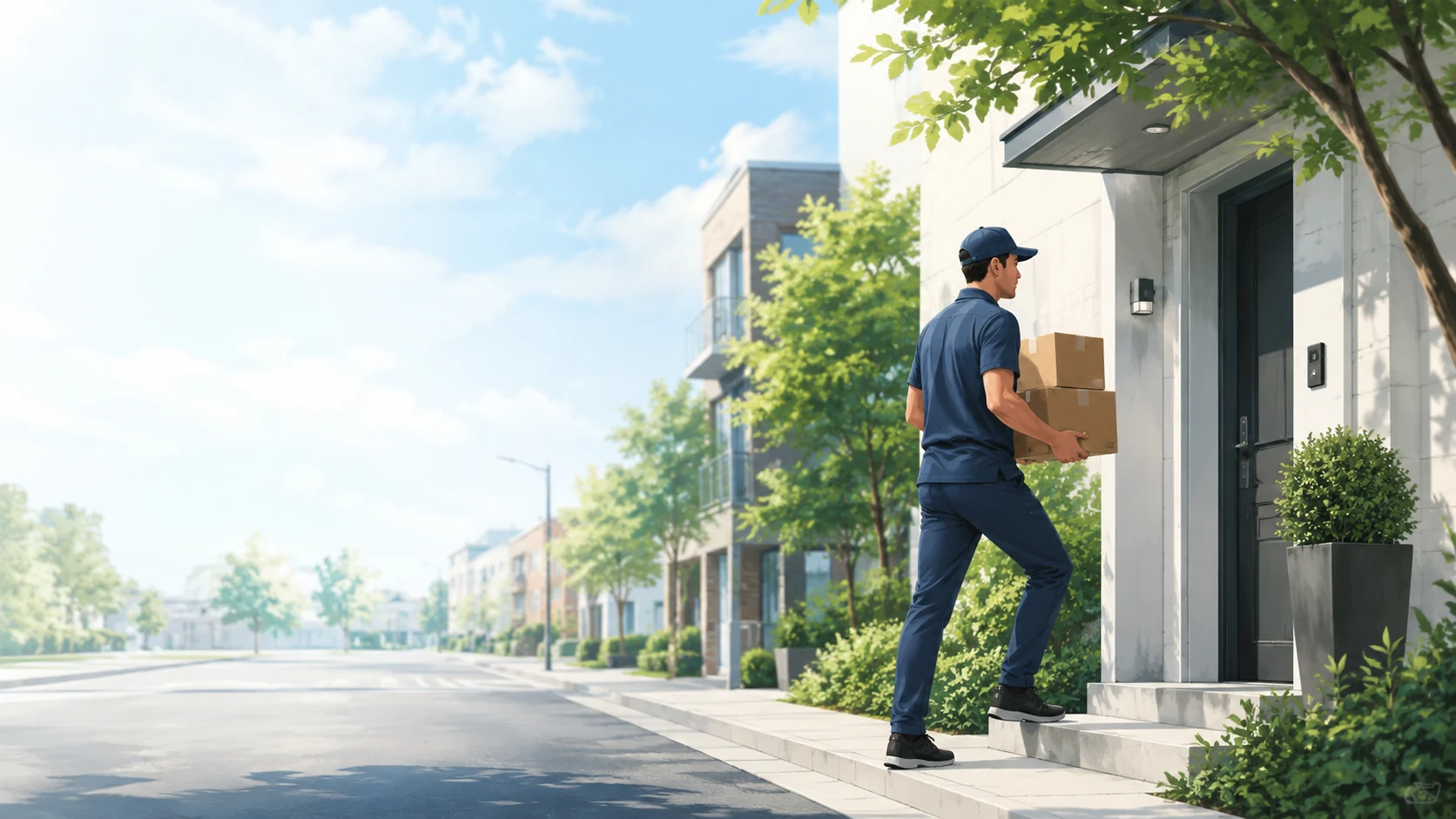 Delivery courier carrying a parcel to a residential door on a bright day