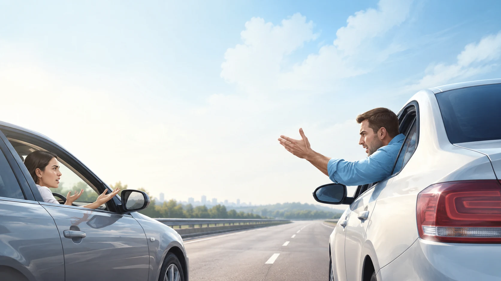 Two drivers disputing fault after a highway collision