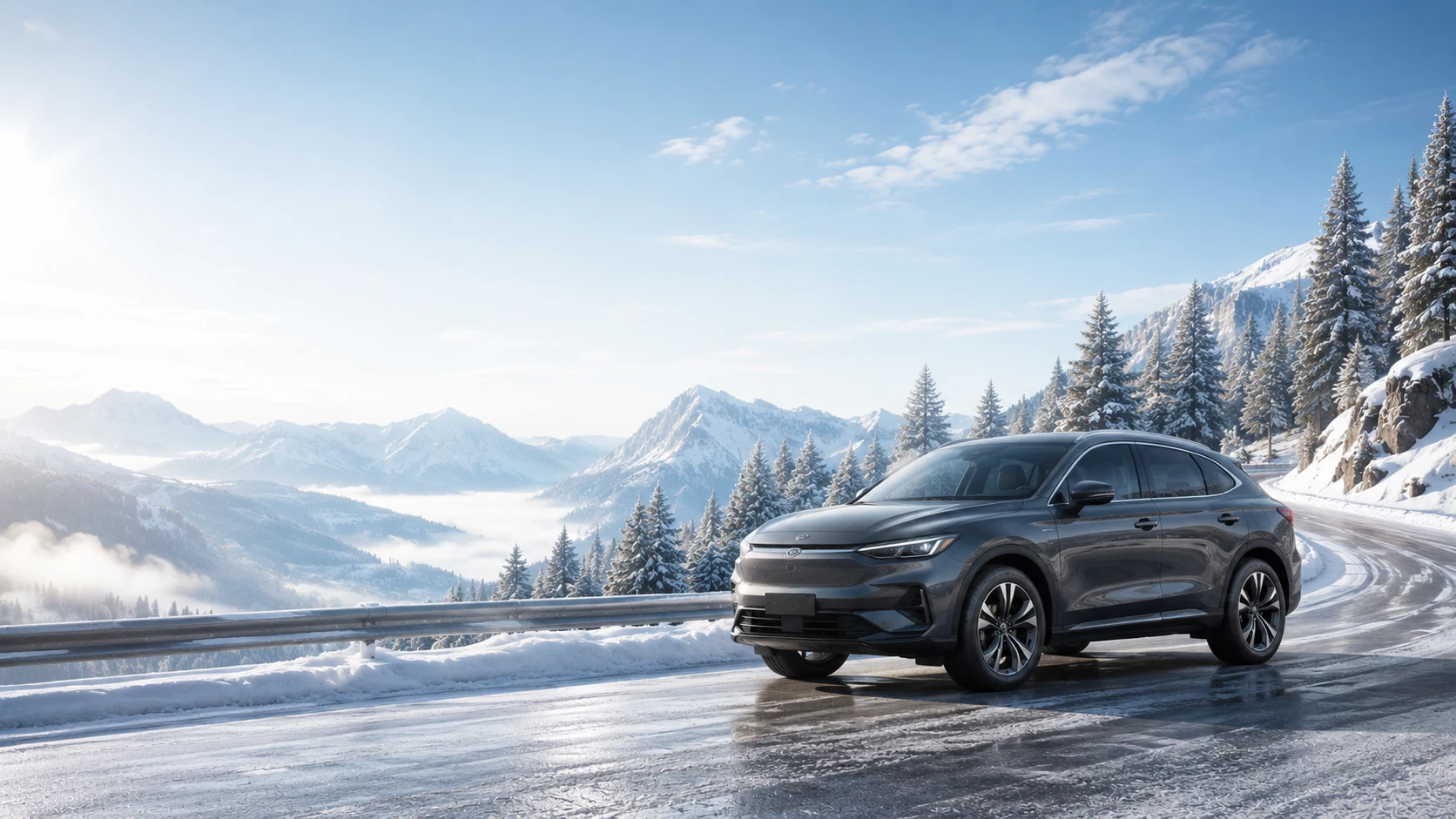 Dark SUV on a snowy mountain road