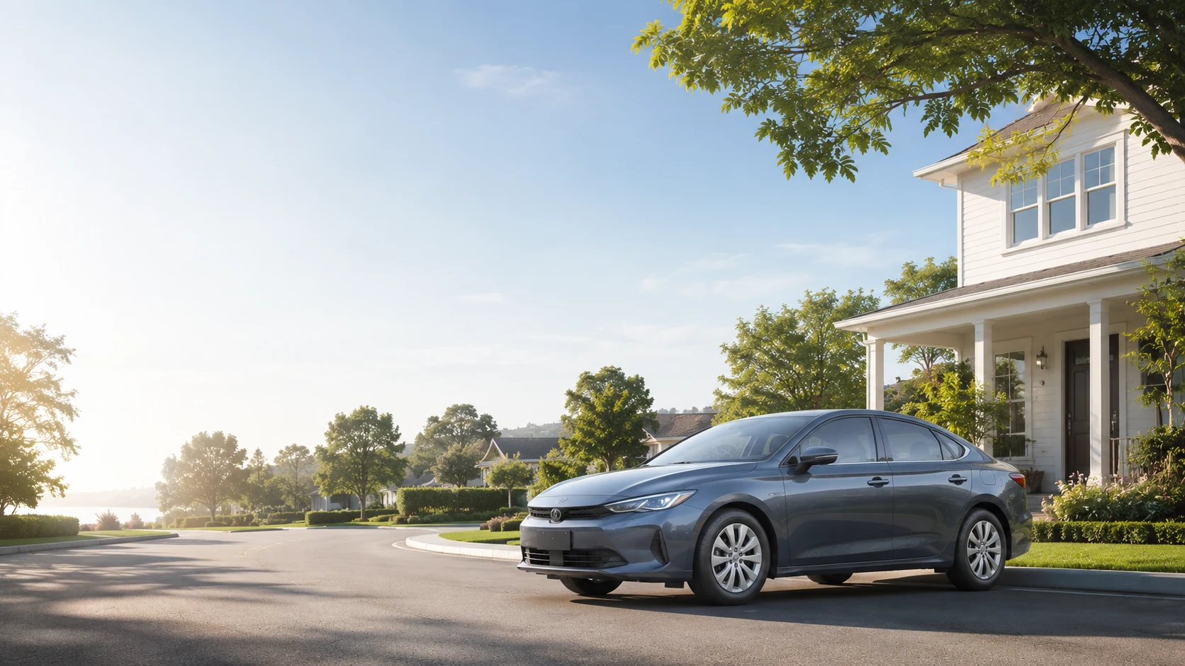A grey saloon parked at a family home in golden evening light