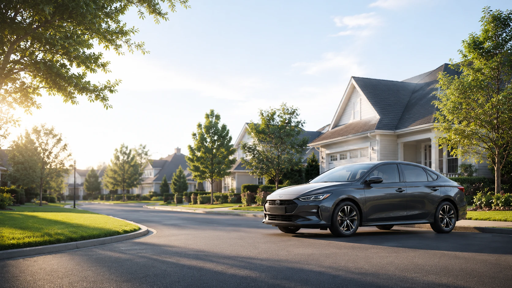 A grey saloon on a quiet residential street at sunrise